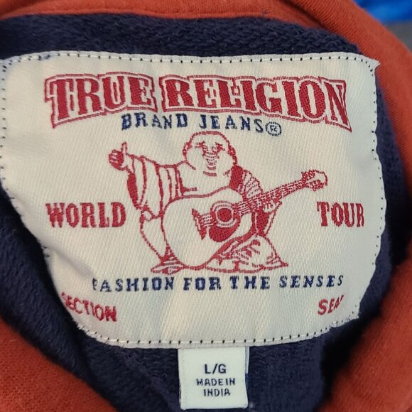 True Religion Sweatshirt Mens Large Blue White Graphic Hoodie Sleeve Stripes - Picture 6 of 7